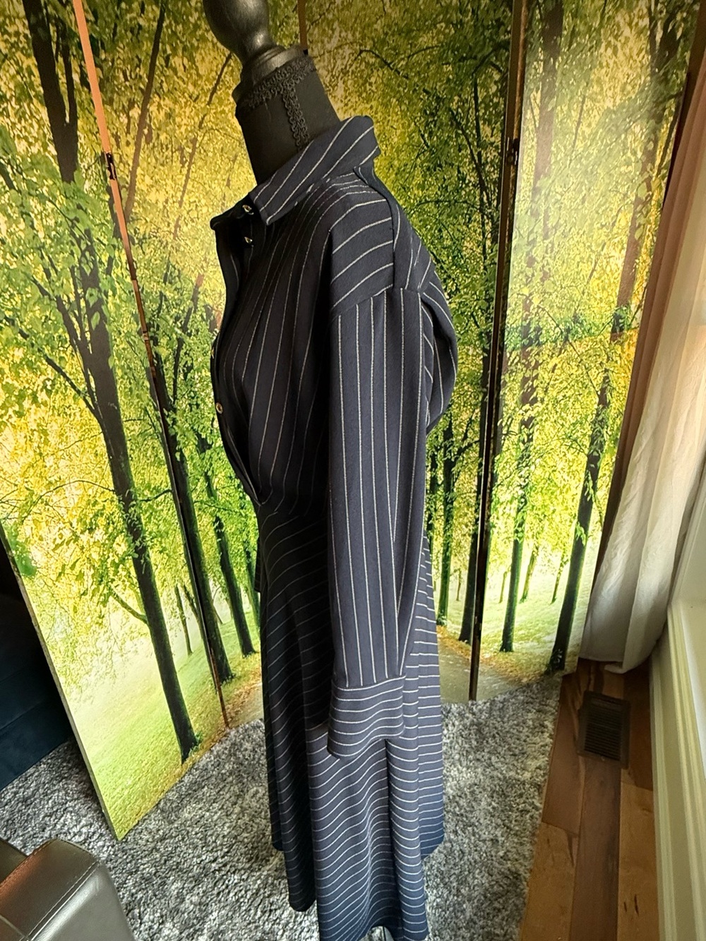 Halston Navy Pinstripe Twist Front Shirt Dress Career Office Midi Size 6 - Picture 7 of 14